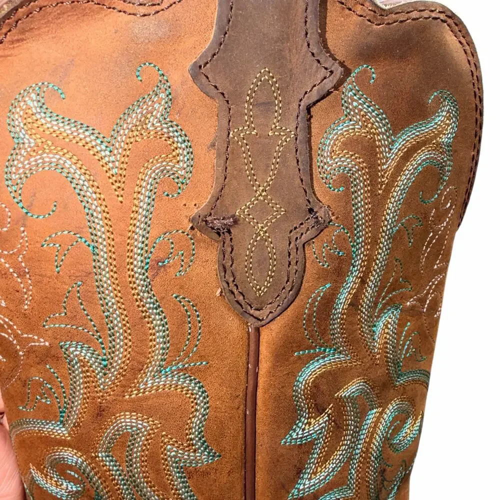 Justin Leather Western Boots Tan Turquoise Stitch Women 7B